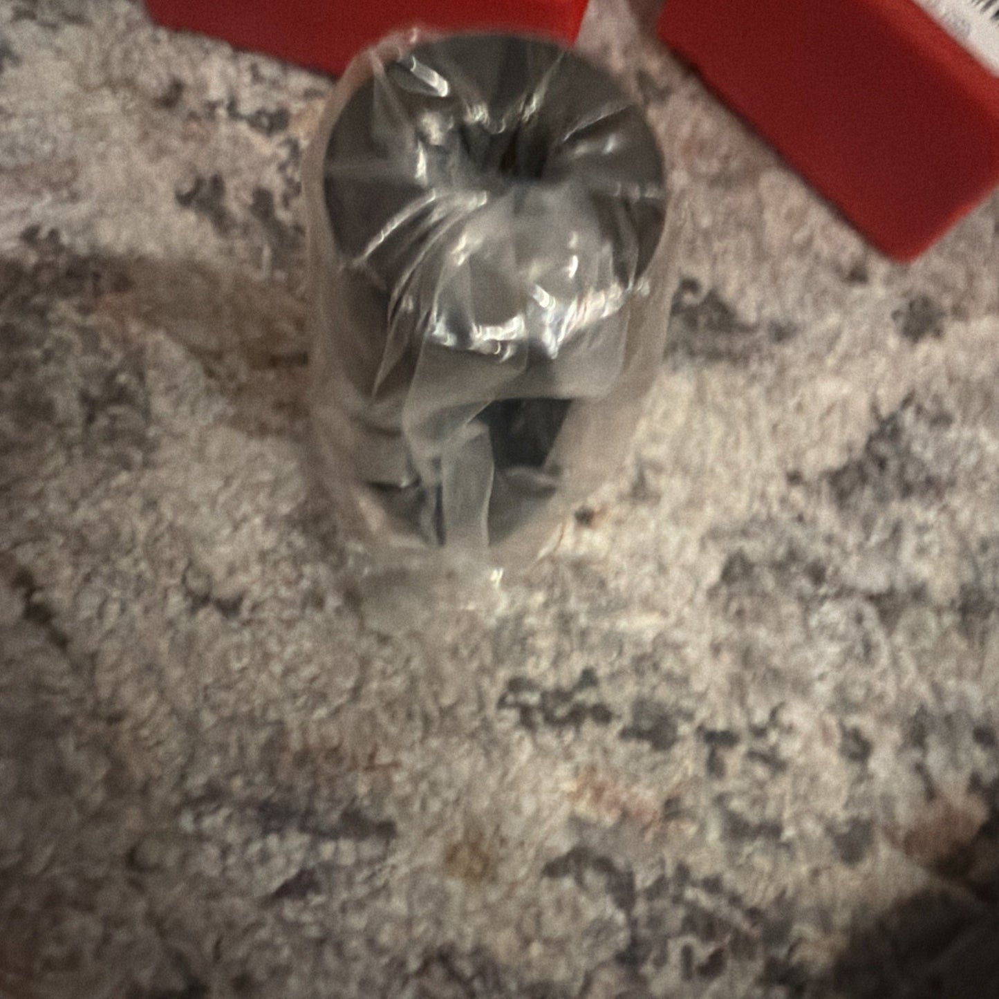 Small black cylindrical metal component wrapped in clear plastic, positioned upright on a textured gray and beige carpet surface with red plastic containers nearby.