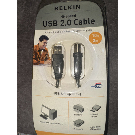 Belkin Hi-Speed USB 2.0 Cable 10ft with USB A plug and B plug for computers, printers, scanners, and external drives