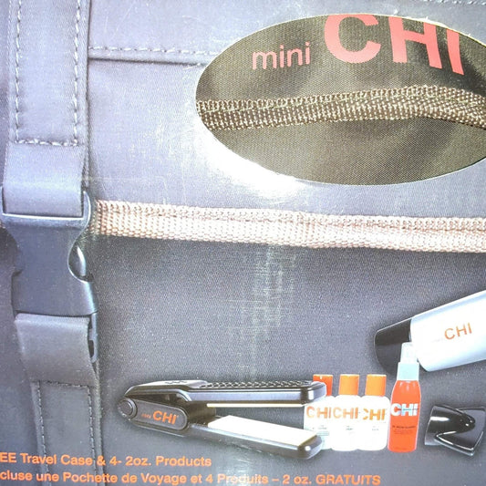 Compact black flat iron with orange CHI branding, accompanied by four small white and orange product bottles and a black travel case with a textured handle detail.