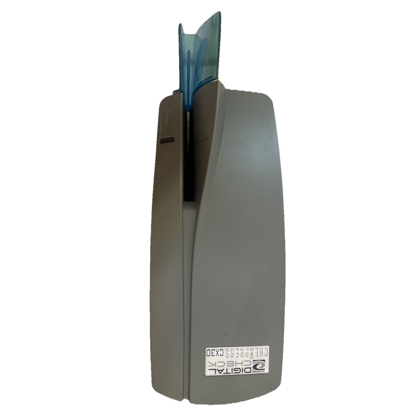 Digital Check CheXpress 30 CX30 inkjet check scanner in gray with blue check feeder used condition without adapter