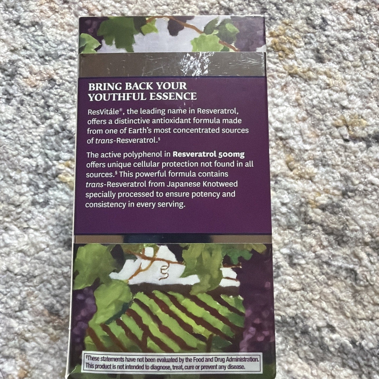 Back of a supplement box featuring text about ResVitále Resveratrol 500 mg, highlighting antioxidant benefits, cellular protection, and sourcing from Japanese Knotweed, with a nature-themed design.