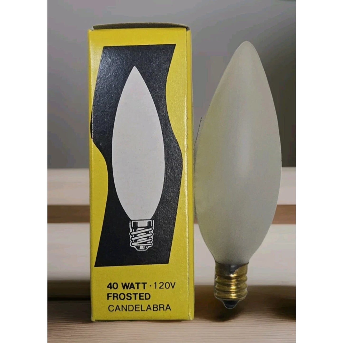 Pack of 25 SATCO S3286 40W 120V frosted torpedo candelabra bulbs with E12 small base shown with box side view
