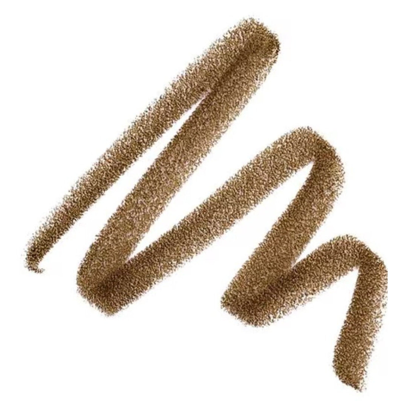 Smudged brown eyebrow pencil or eyeliner stroke on a white background showing texture and color intensity in a zigzag pattern.