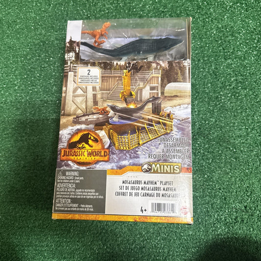 NEW RARE Mattel Jurassic World Dominion Minis Action Mosasaurus Mayhem Playset featuring dinosaur figure and playset elements in box