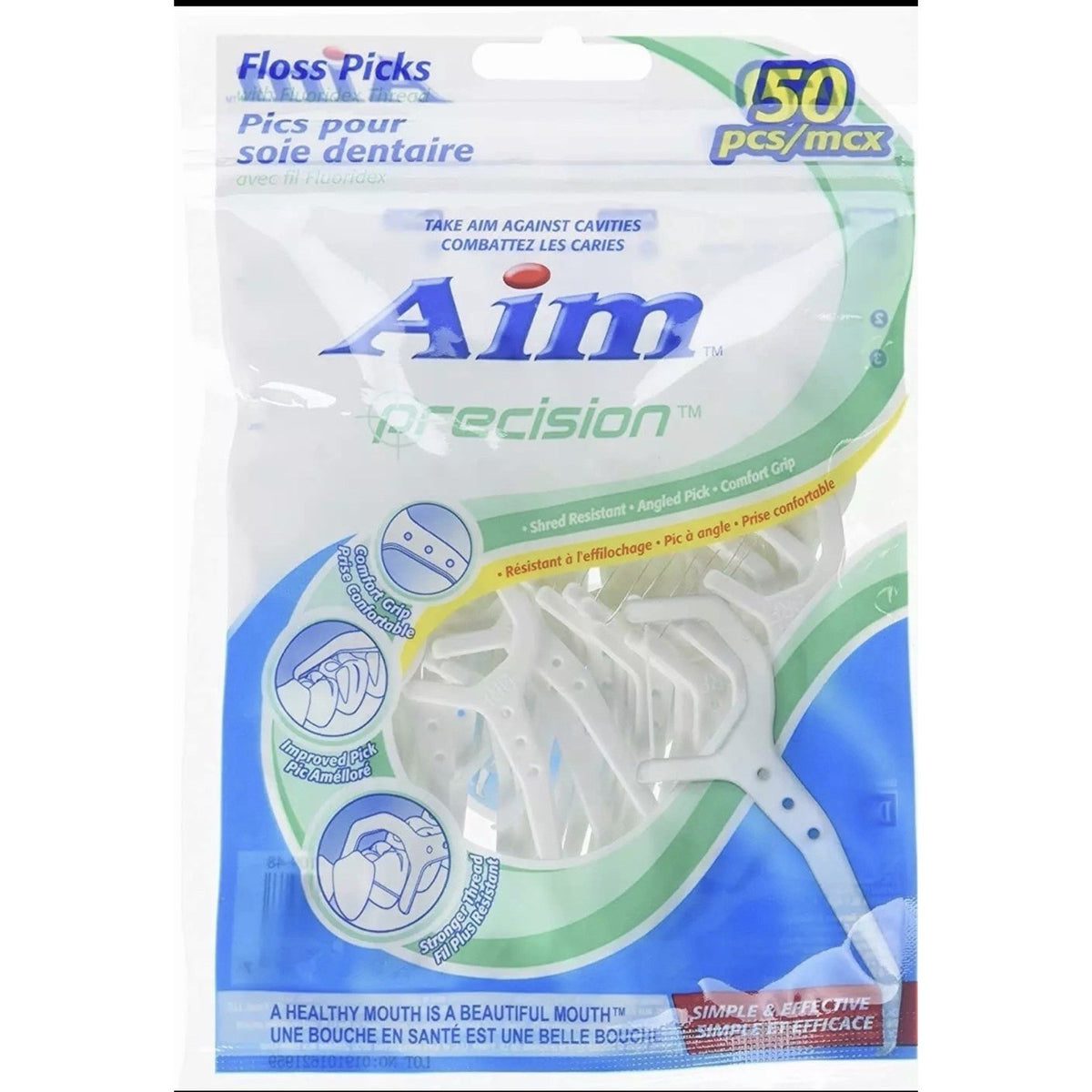 Aim Precision Floss Picks 50 count pack with comfort grip and shred resistant Fluoridex thread for effective flossing