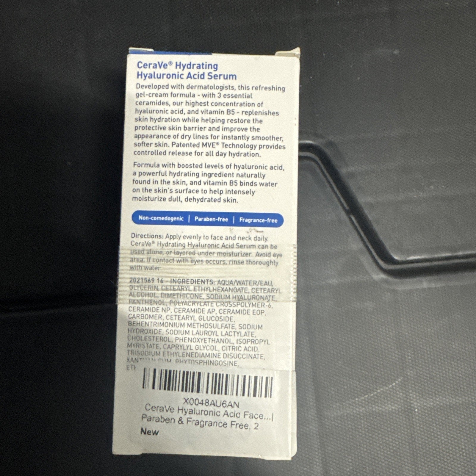 Back of CeraVe Hydrating Hyaluronic Acid Face Serum 1 oz box showing ingredient and usage information lot of 2