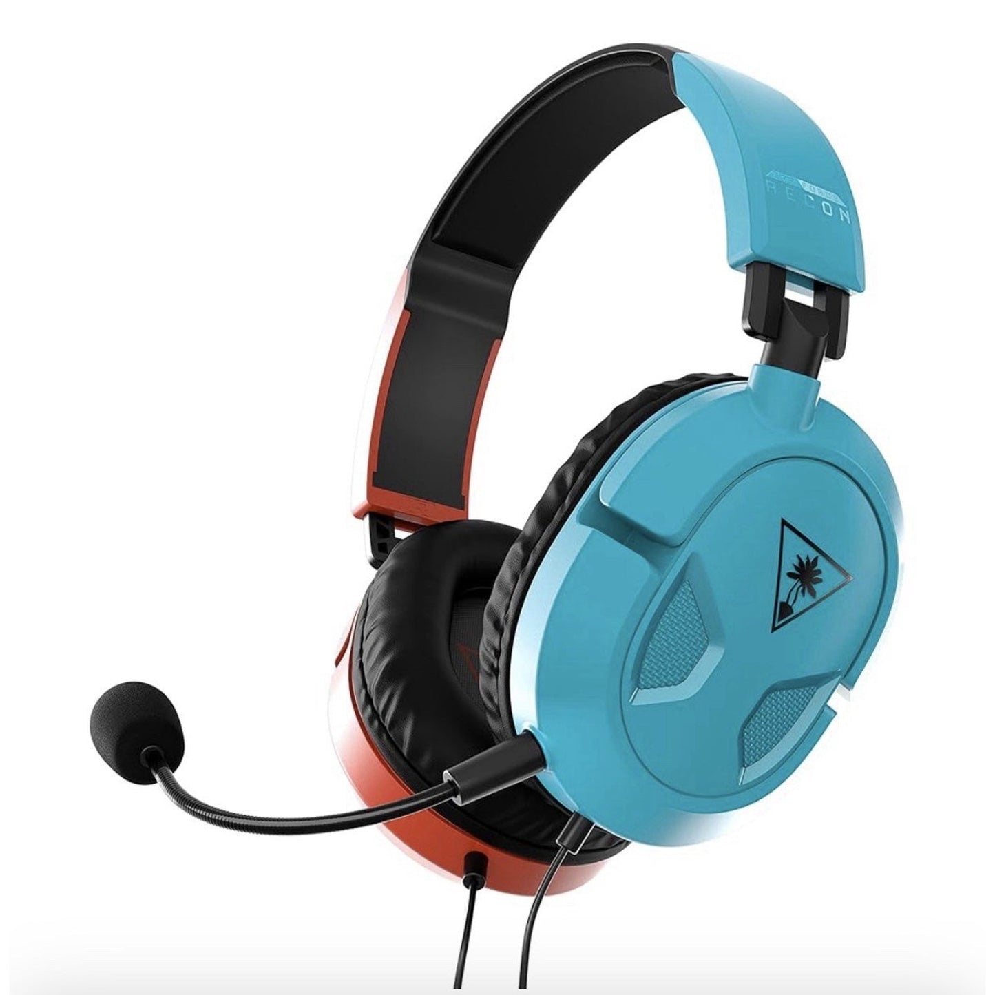Over-ear wired gaming headset with a blue and orange adjustable headband, black cushioned ear cups, and a flexible boom microphone attached to the left side.