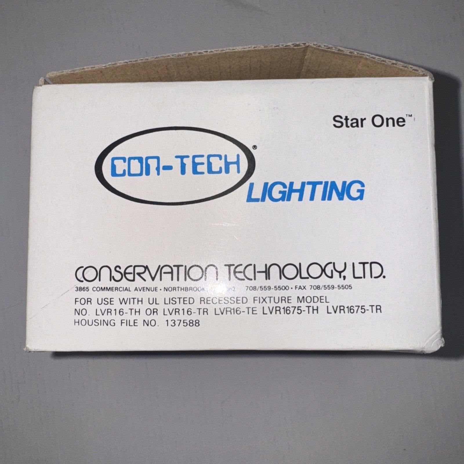 Con-Tech Lighting CTR1625 Adjust Pin Spot low volt recessed housing box with company logo and product info