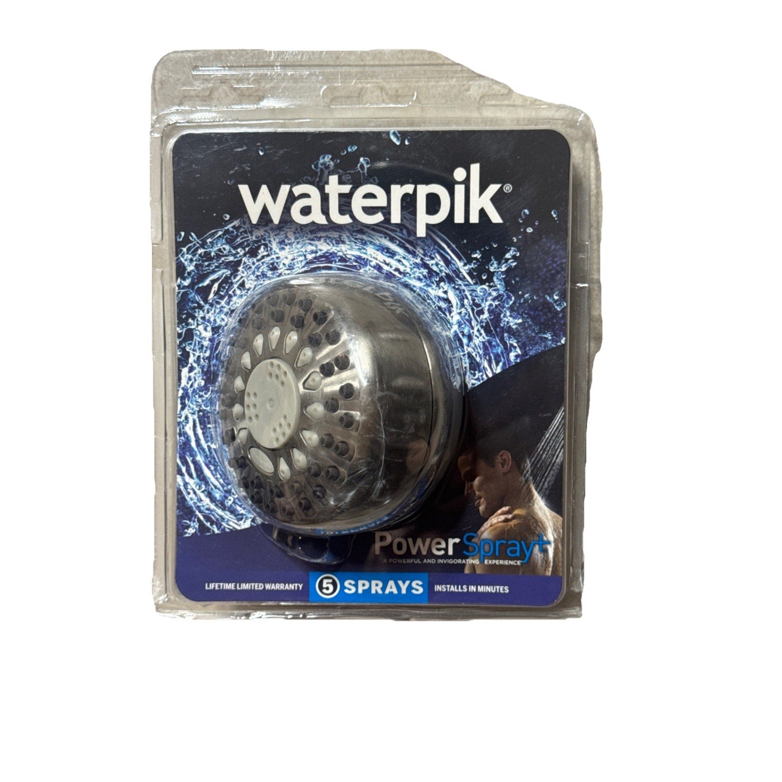 Waterpik Elements fixed mount shower head in clear packaging highlighting 5 spray settings and Power Spray feature