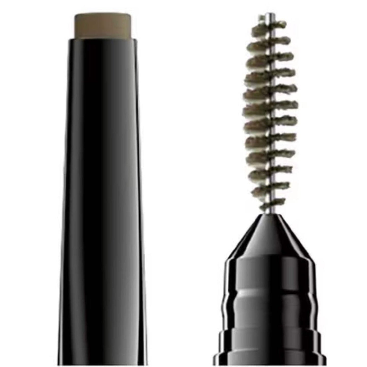Close-up of a taupe-colored eyebrow pencil with a retractable flat tip on one end and a spoolie brush for grooming brows on the other end, both in sleek black casing.