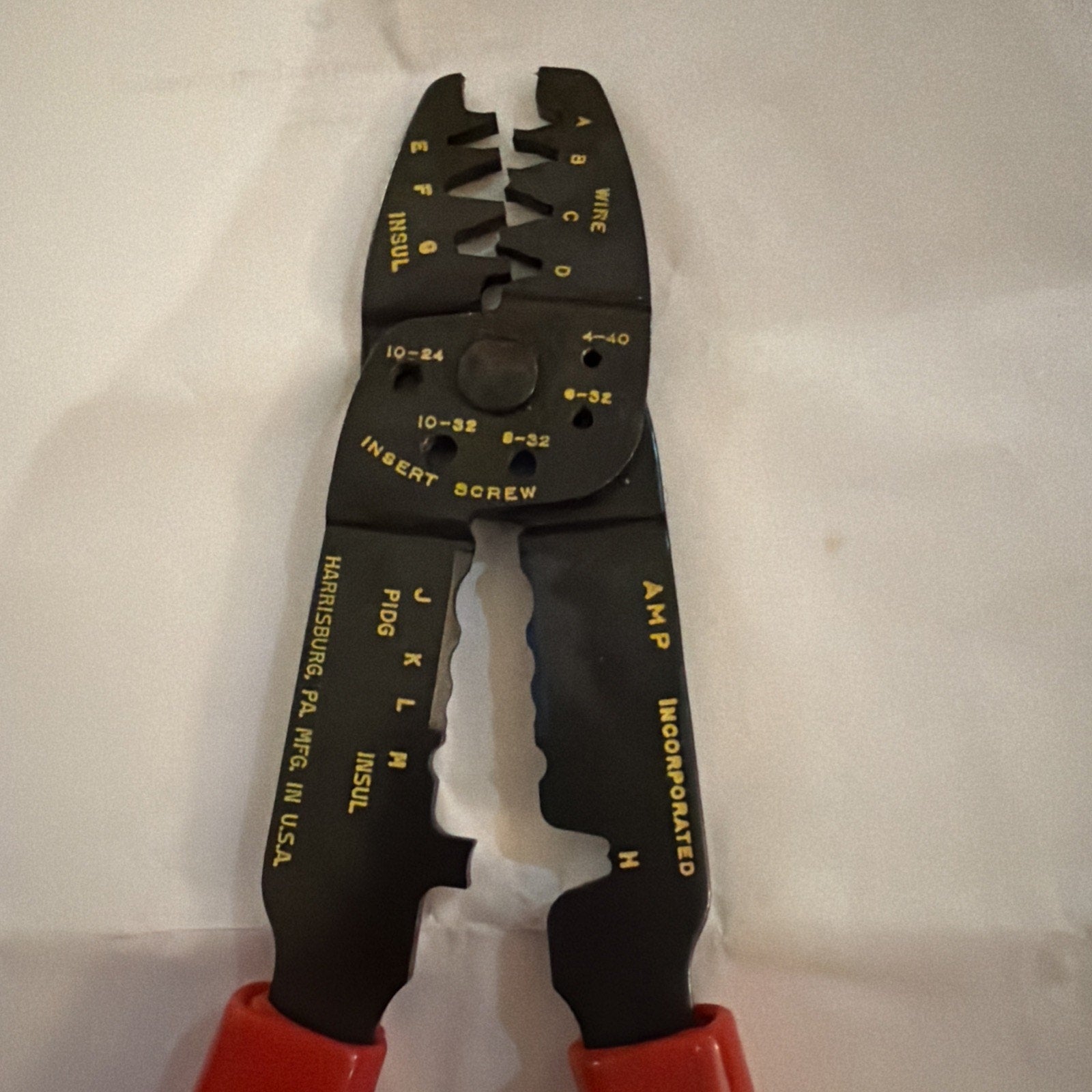 Vintage AMP Service Tool I Crimper with black body and red handles made in USA for aircraft and avionics use