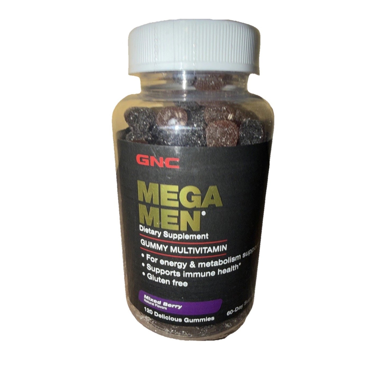 Clear plastic bottle with a white lid containing dark mixed berry gummy multivitamins, labeled as GNC Mega Men dietary supplement supporting energy, metabolism, immune health, and gluten-free.