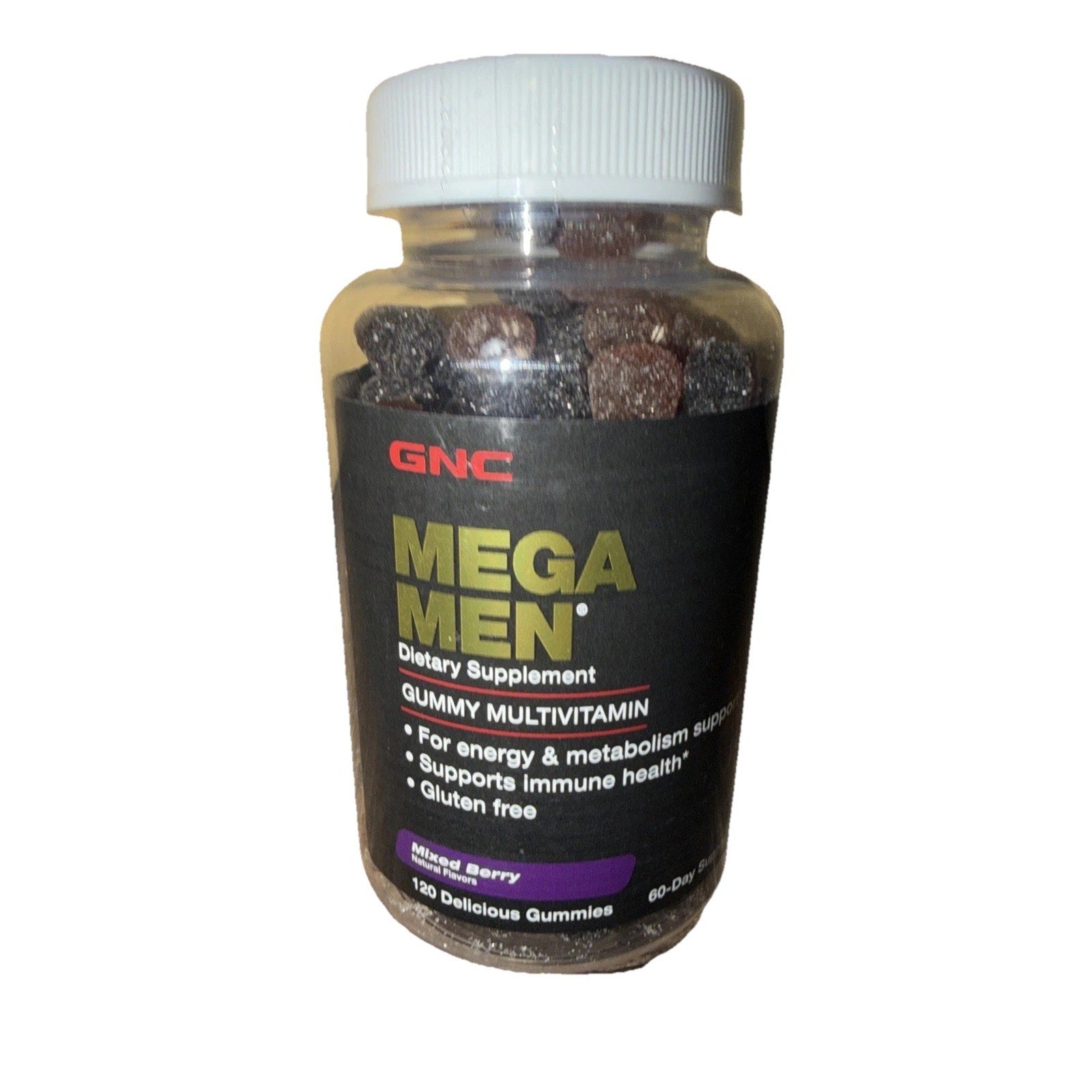 Clear plastic bottle with a white lid containing dark mixed berry gummy multivitamins, labeled as GNC Mega Men dietary supplement supporting energy, metabolism, immune health, and gluten-free.