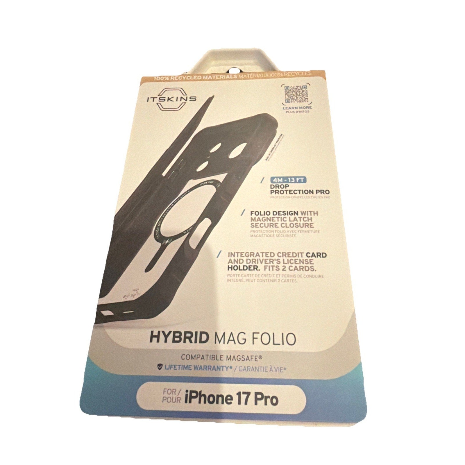 ITSKINS Hybrid R Folio Protective Phone Case packaging for iPhone 17 Pro with magnetic latch and card holder features