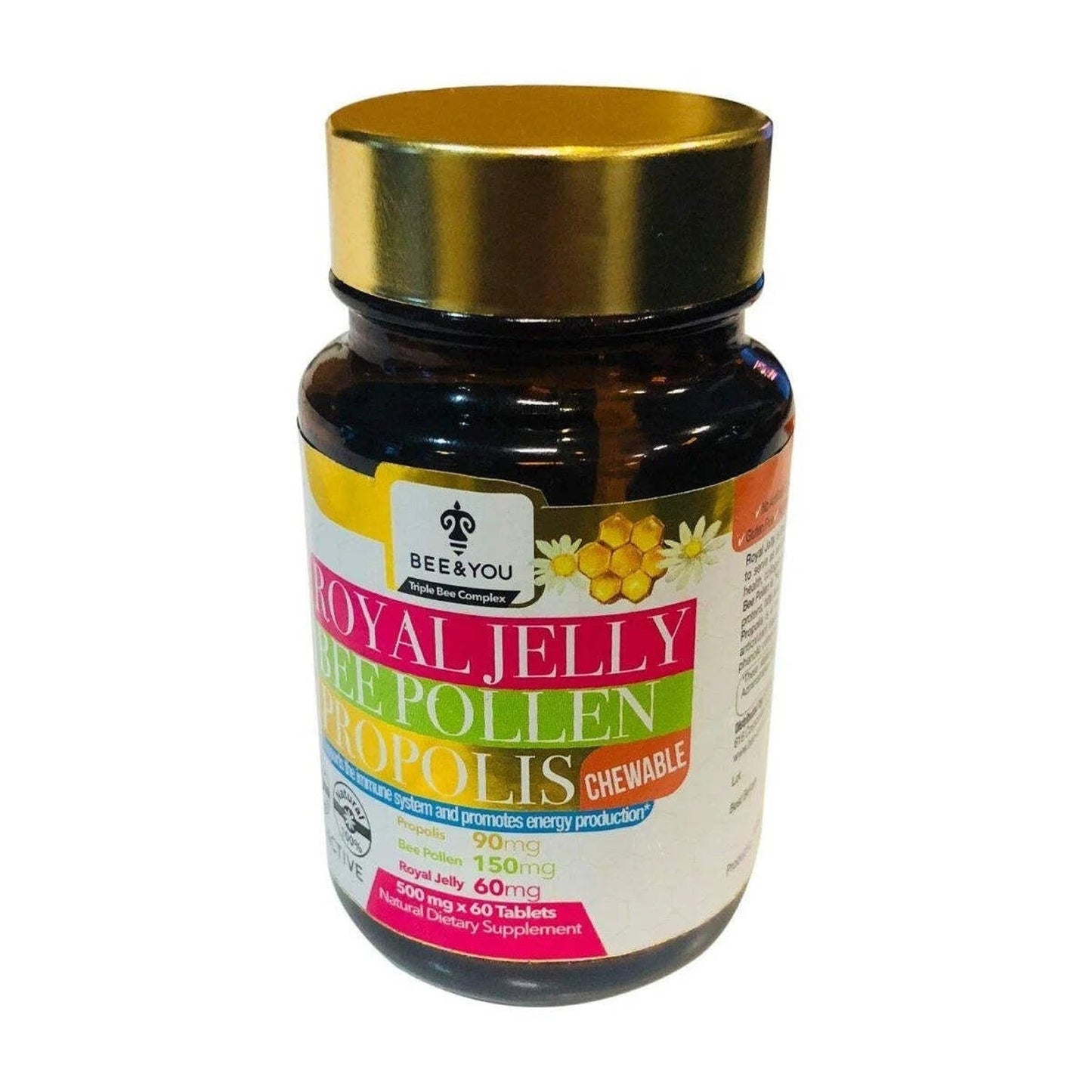 Amber bottle with a gold lid containing Bee & You chewable dietary supplement tablets labeled with royal jelly, bee pollen, propolis, and natural honeycomb illustrations.