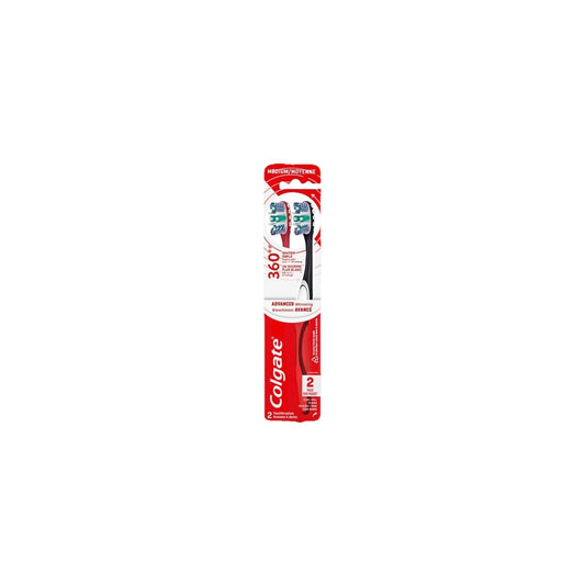 Colgate 360 Optic White Advanced Medium toothbrush pack with two brushes and whitening bristles in red packaging