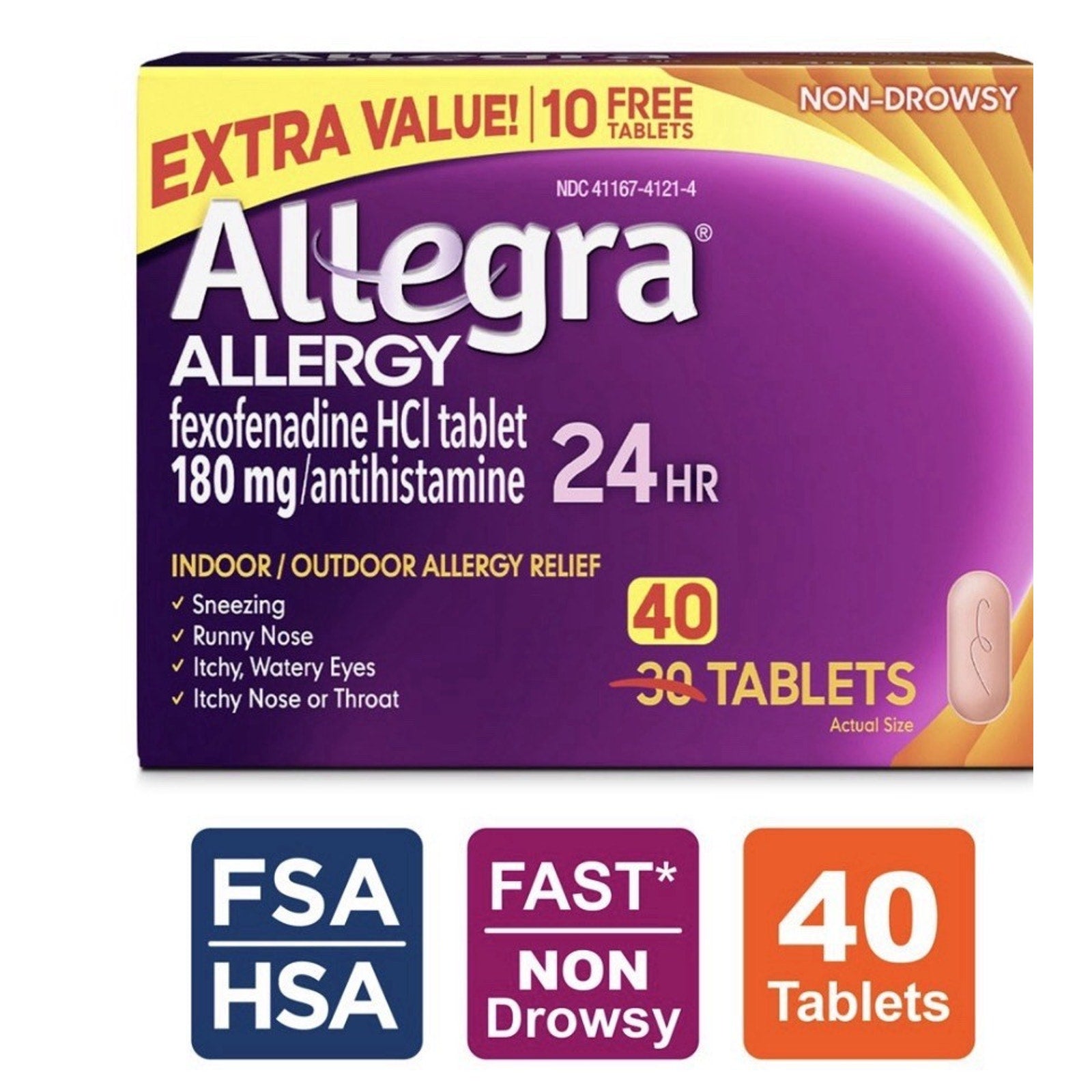 Box of Allegra Allergy 180 mg non-drowsy tablets featuring 24-hour relief for sneezing, runny nose, itchy watery eyes, and itchy nose or throat with 40 count and extra value label.