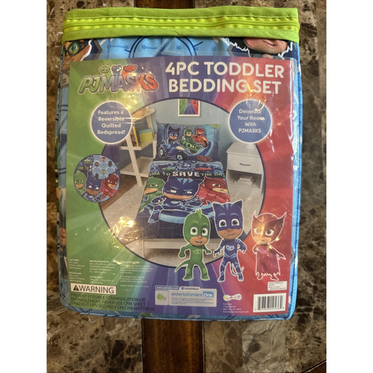 PJ Masks 4-piece toddler bedding set with reversible quilted bedspread featuring Owlette, Catboy, and Gekko characters