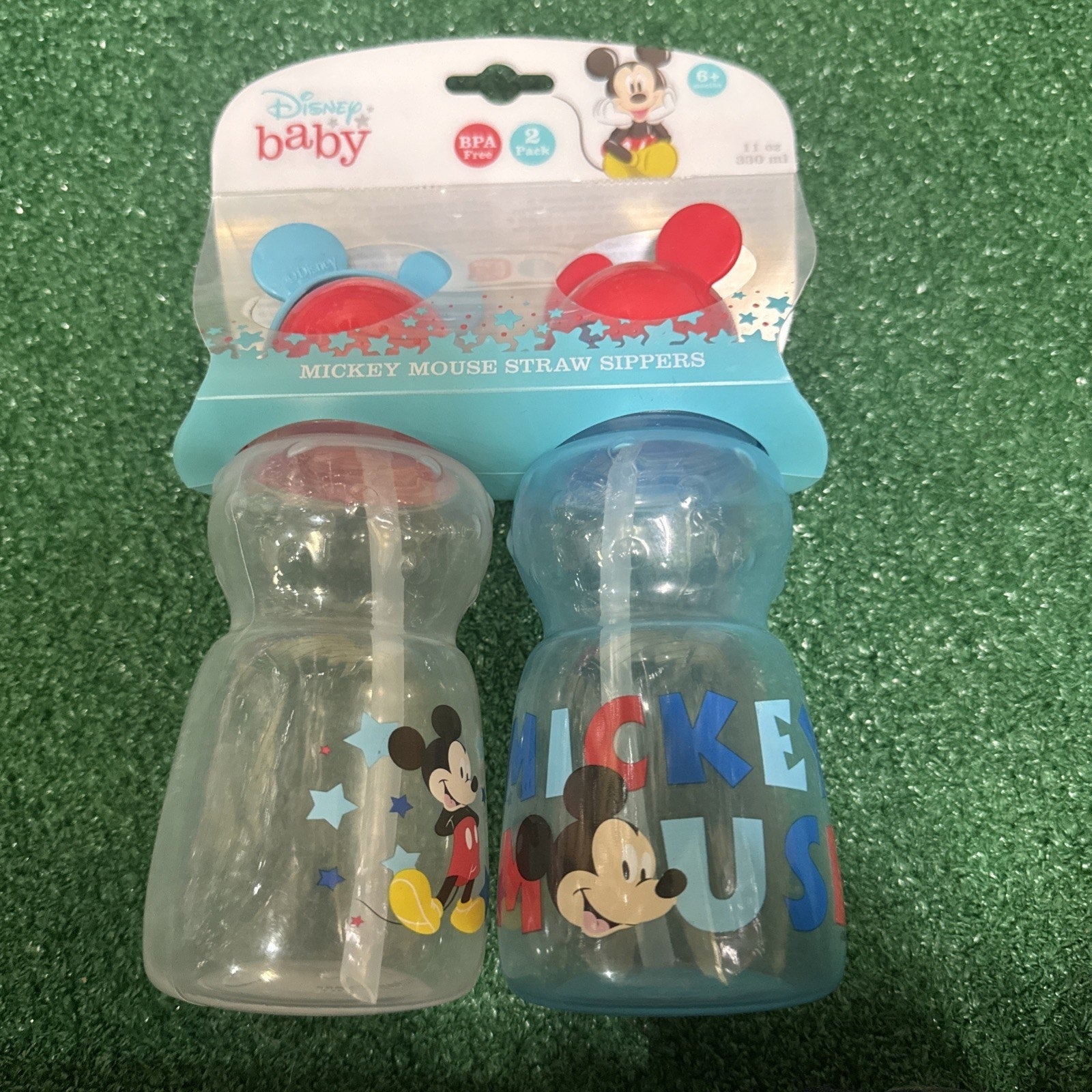 Disney baby Mickey Mouse 2 pack sippy cups with straw lids blue and red featuring Mickey graphics