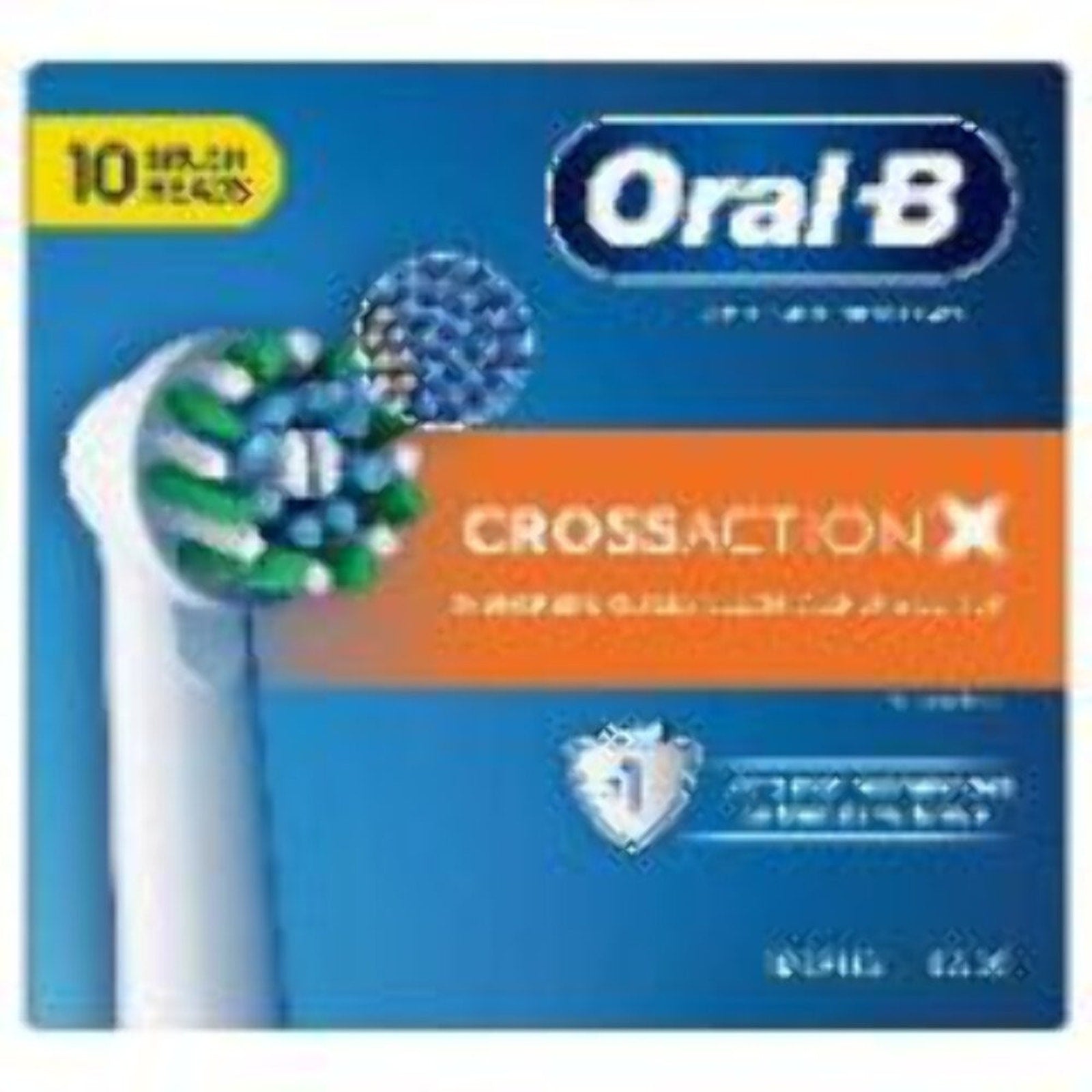 Blue and orange Oral-B CrossAction replacement toothbrush head package showing a round brush head with angled green and white bristles and a smaller blue brush head inset.