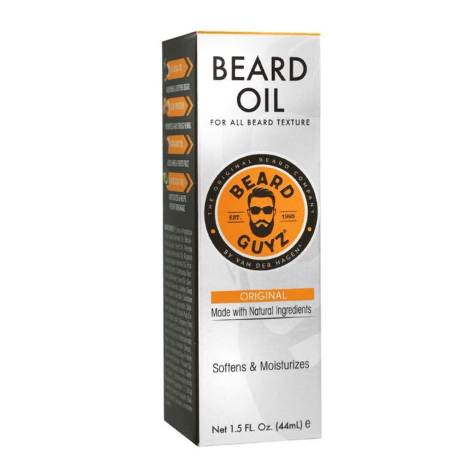 Beard Guyz Beard Oil 1.5 oz box with logo and text showing it softens and moisturizes beard hair