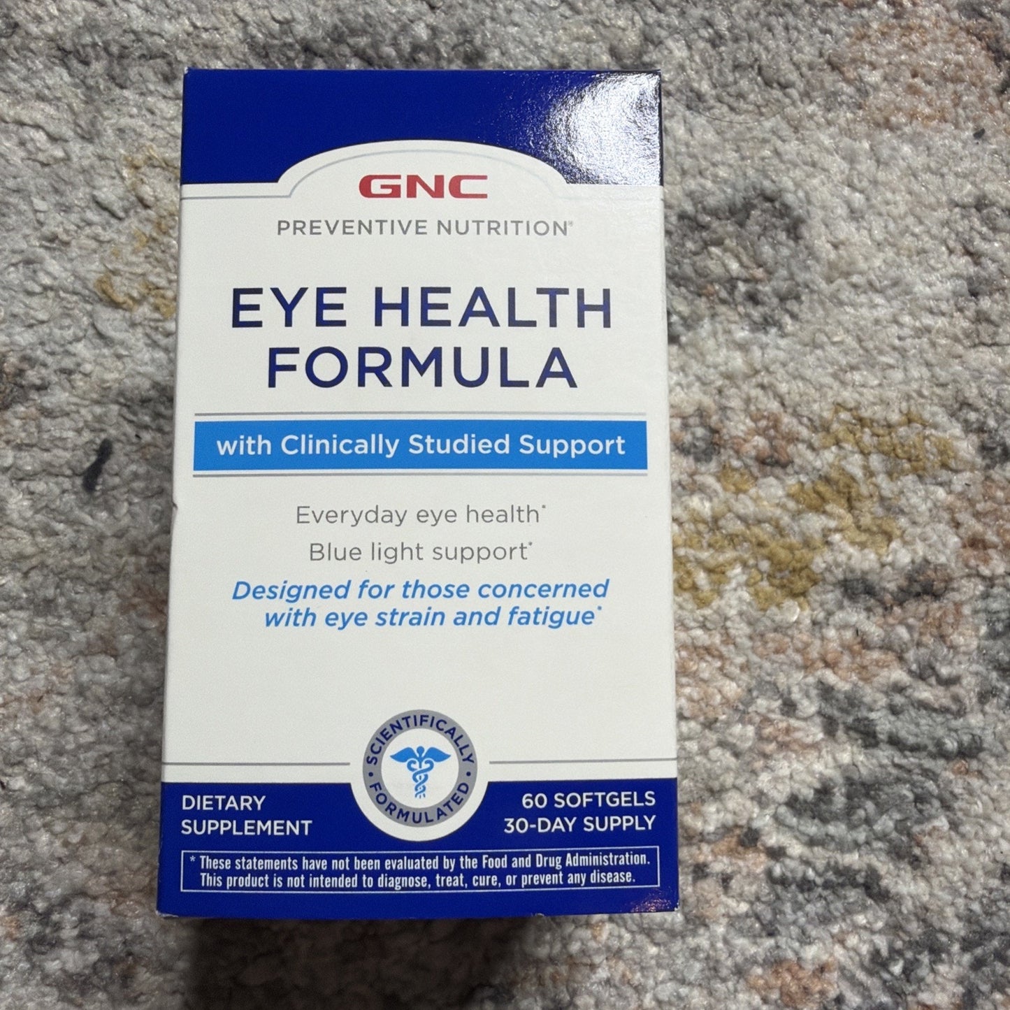 Box of GNC Preventive Nutrition Eye Health Formula dietary supplement containing 60 softgels, supporting everyday eye health and blue light protection, designed for eye strain and fatigue.