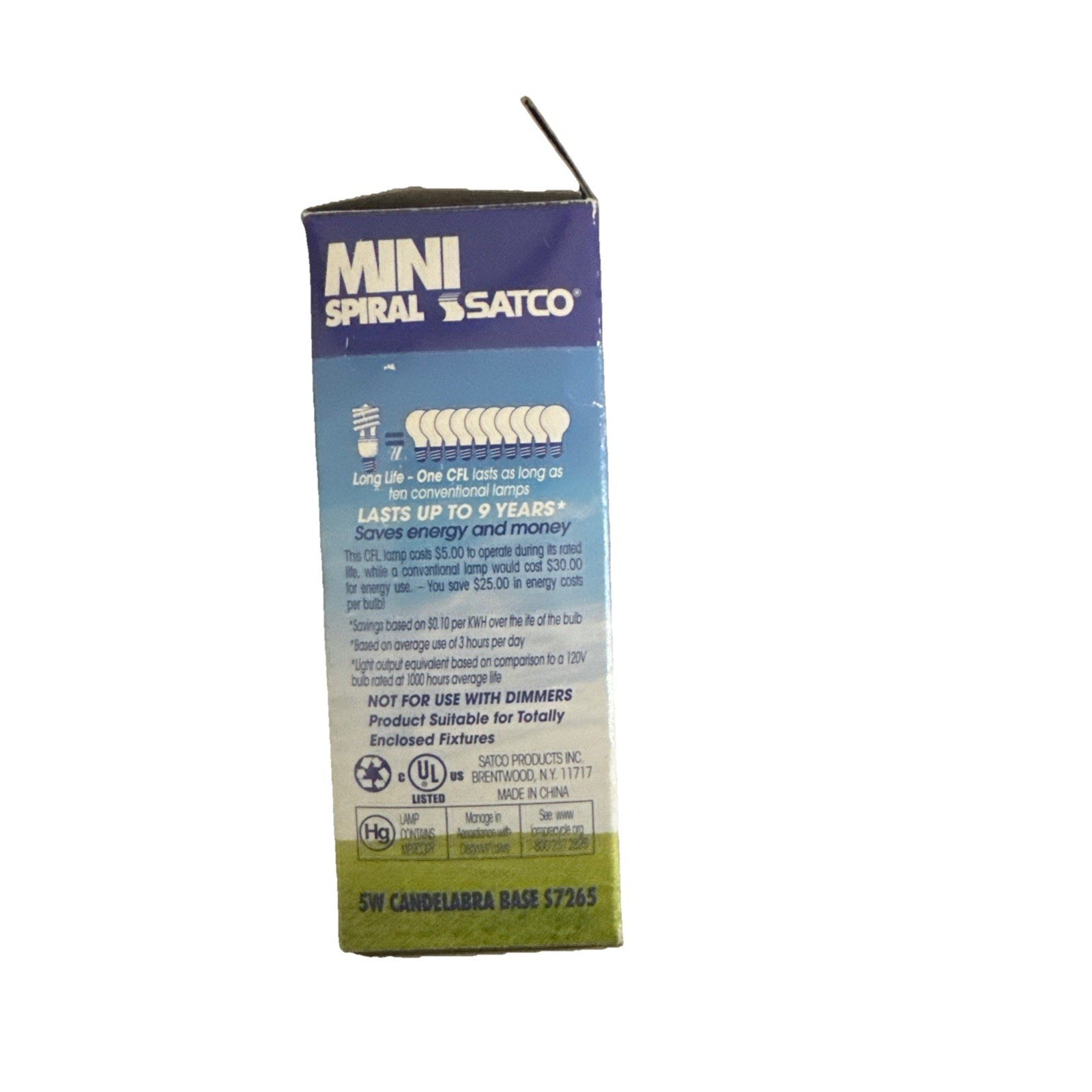 Satco 5W mini spiral fluorescent bulb packaging showing product details and energy savings information on side panel