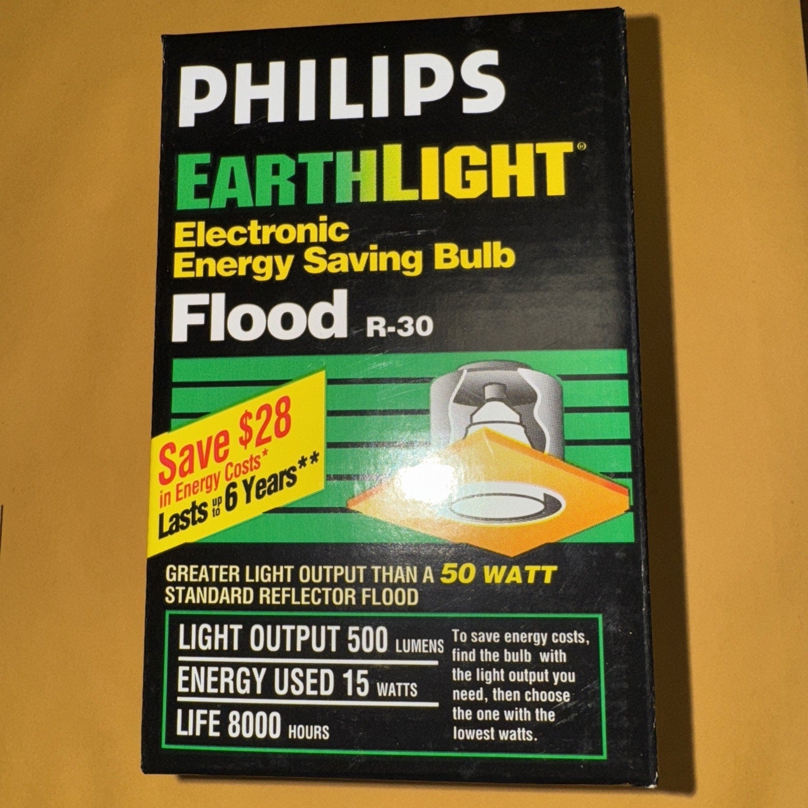 Box of Philips Earth Light 15 watt R30 flood energy saving light bulb with 500 lumens output and 8000 hour life span