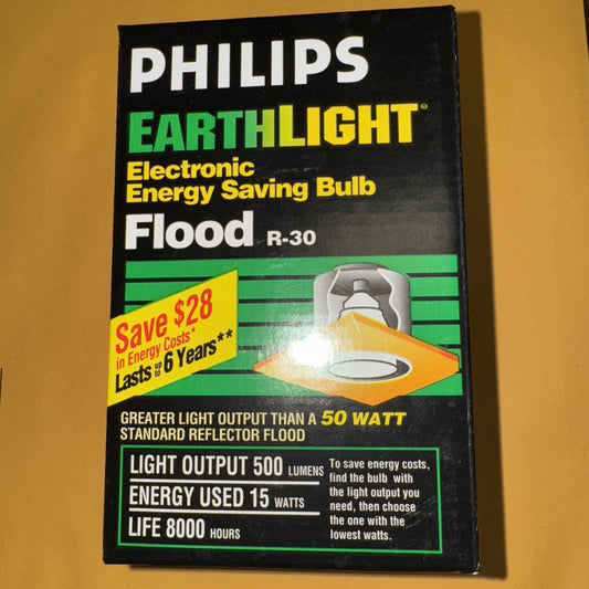 Box of Philips Earth Light 15 watt R30 flood energy saving light bulb with 500 lumens output and 8000 hour life span