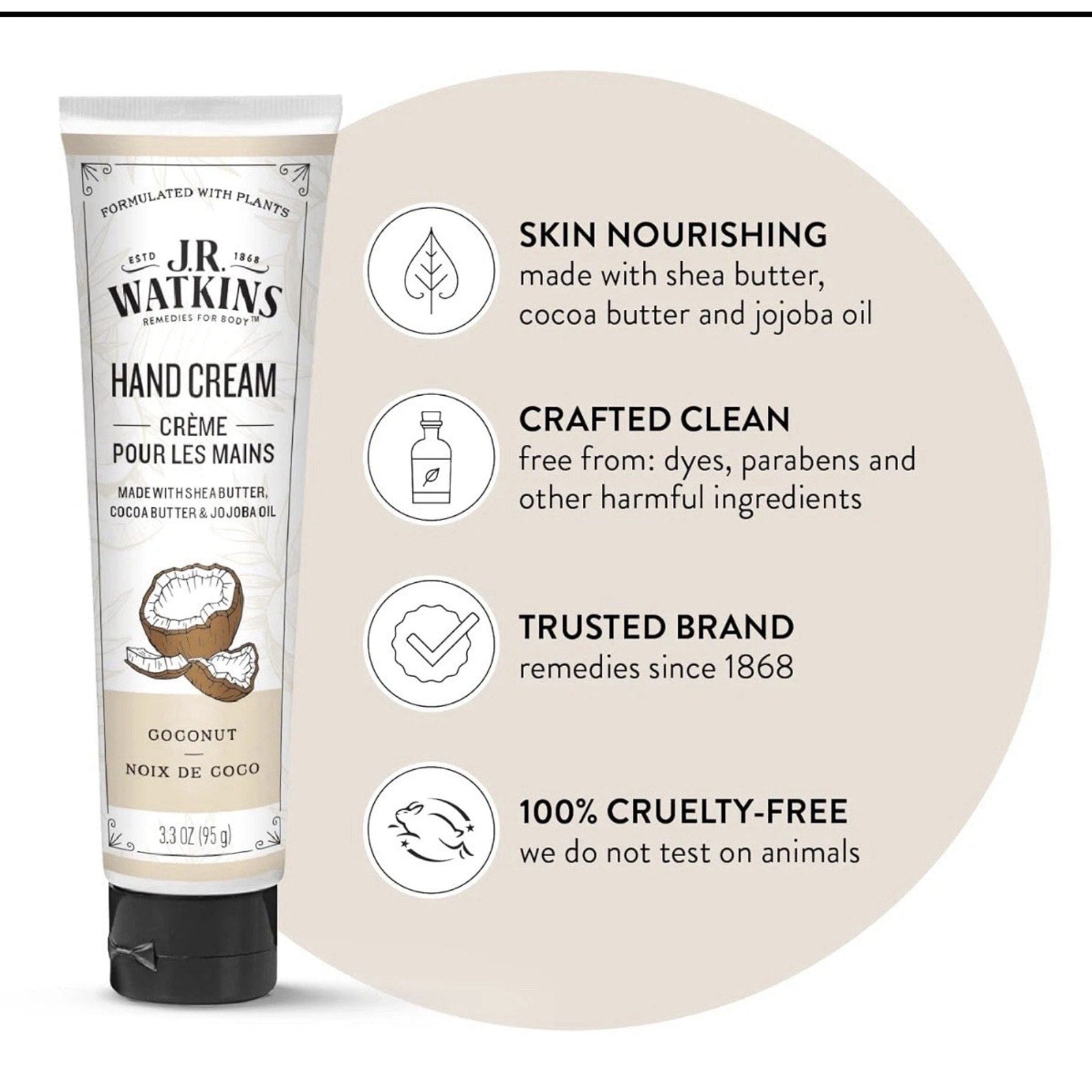 J.R. Watkins Coconut hand cream tube with shea butter, cocoa butter, jojoba oil and product benefits listed alongside