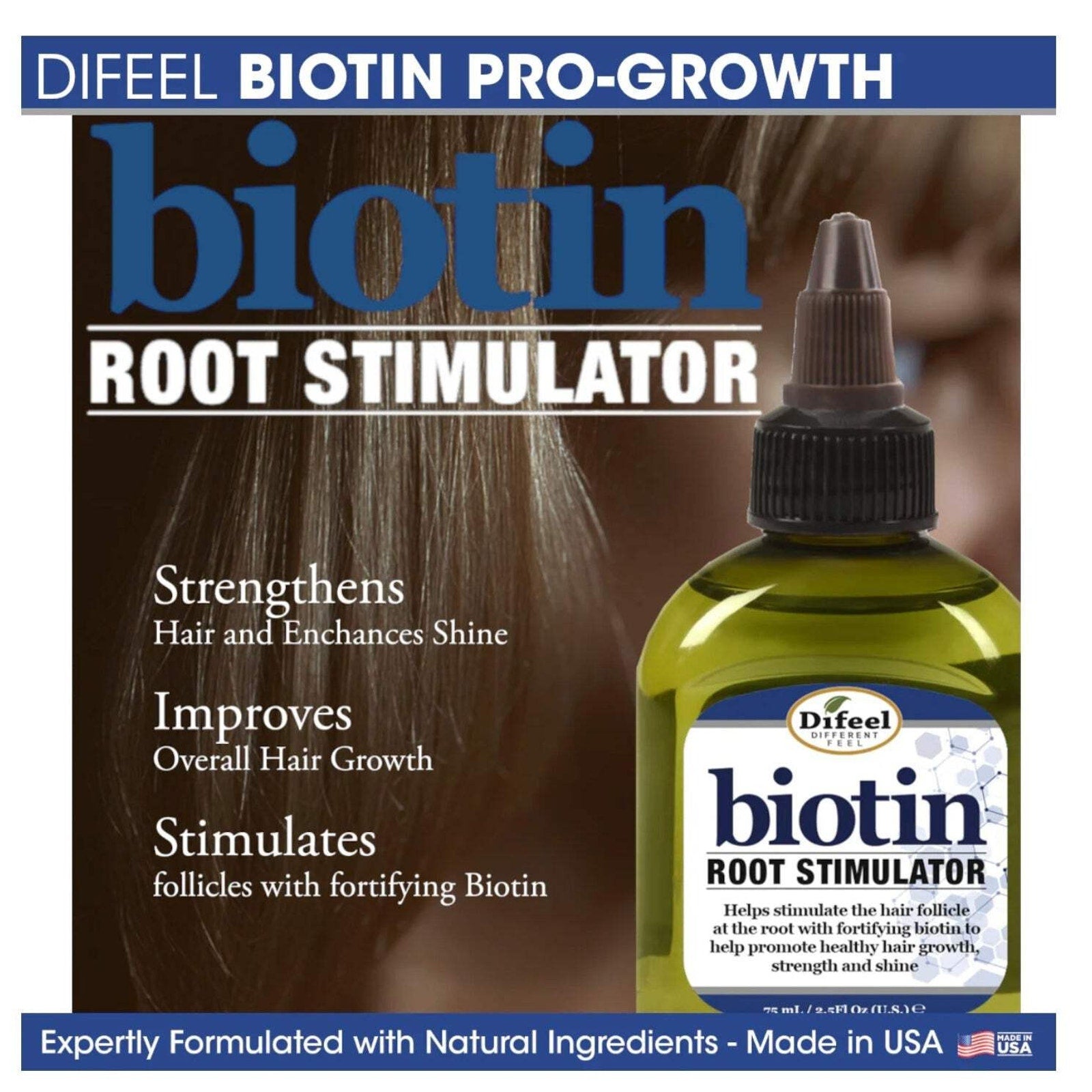 Green plastic bottle of biotin root stimulator with a pointed black nozzle cap, labeled to strengthen hair, enhance shine, improve growth, and stimulate follicles, shown against a brown hair background.