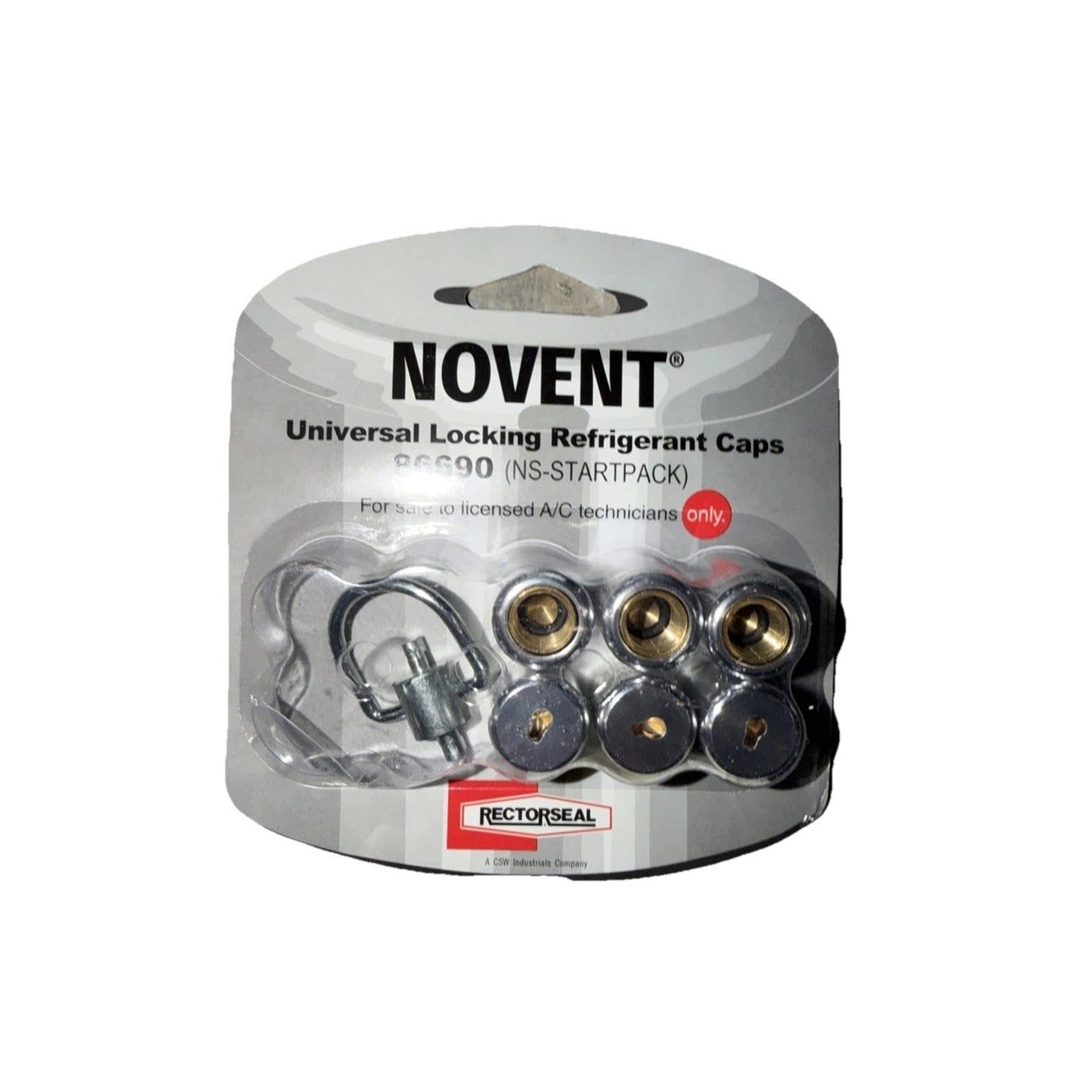 Package containing four metallic universal locking refrigerant caps with a small securing clip on a branded white cardboard backing designed for licensed A/C technicians.
