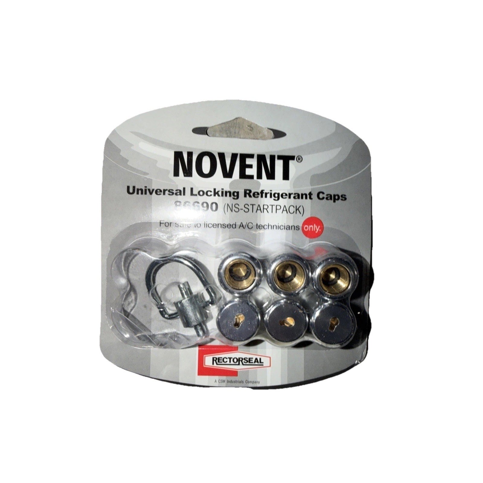 Package containing four metallic universal locking refrigerant caps with a small securing clip on a branded white cardboard backing designed for licensed A/C technicians.