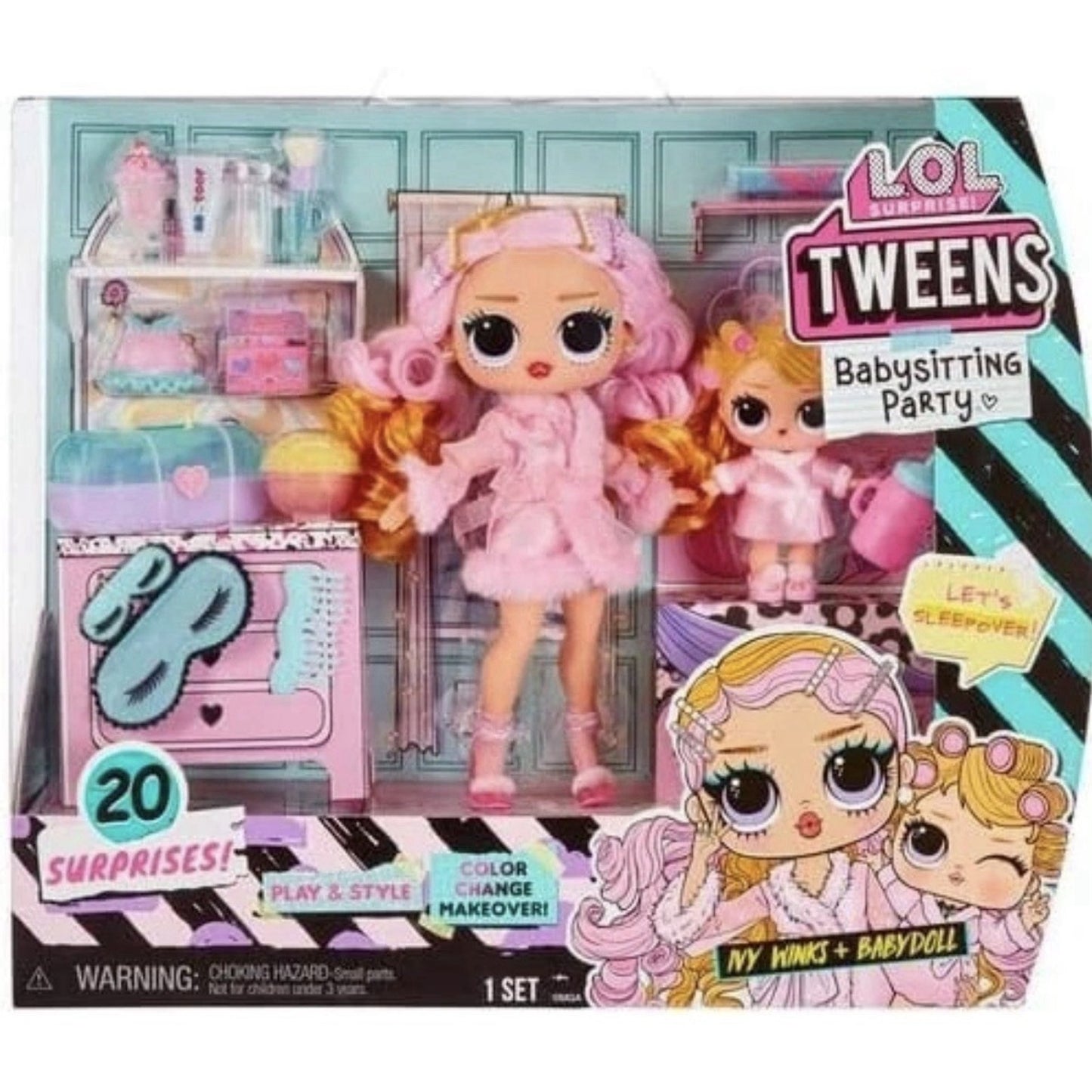 Packaged LOL Surprise Tweens Babysitting Party playset featuring two dolls dressed in pink outfits with accessories including hairbrushes, slippers, and a vanity set, displayed in a colorful box.