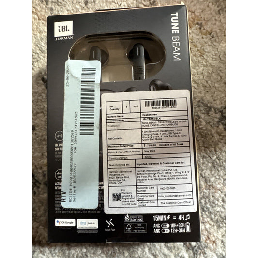 JBL by Harman Tune Beam black wireless earbuds with pure bass and noise cancelling in packaging box