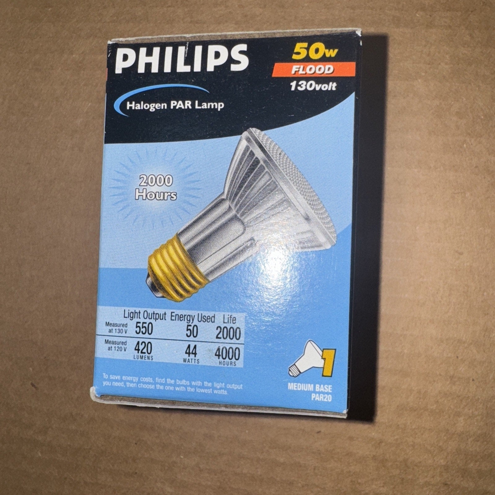 Phillips 50W Halogen PAR20 flood light bulb with 420 lumens and 2000 to 4000 hour life on retail packaging box