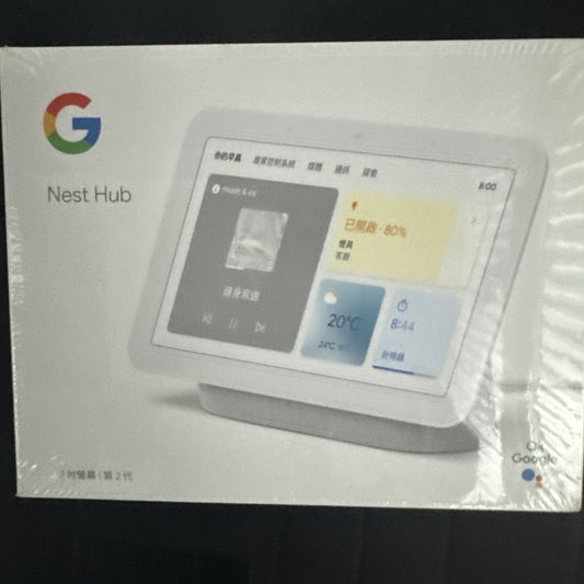 Sealed Chinese Google Nest Hub 2nd Generation smart display showing home screen with weather and music widgets