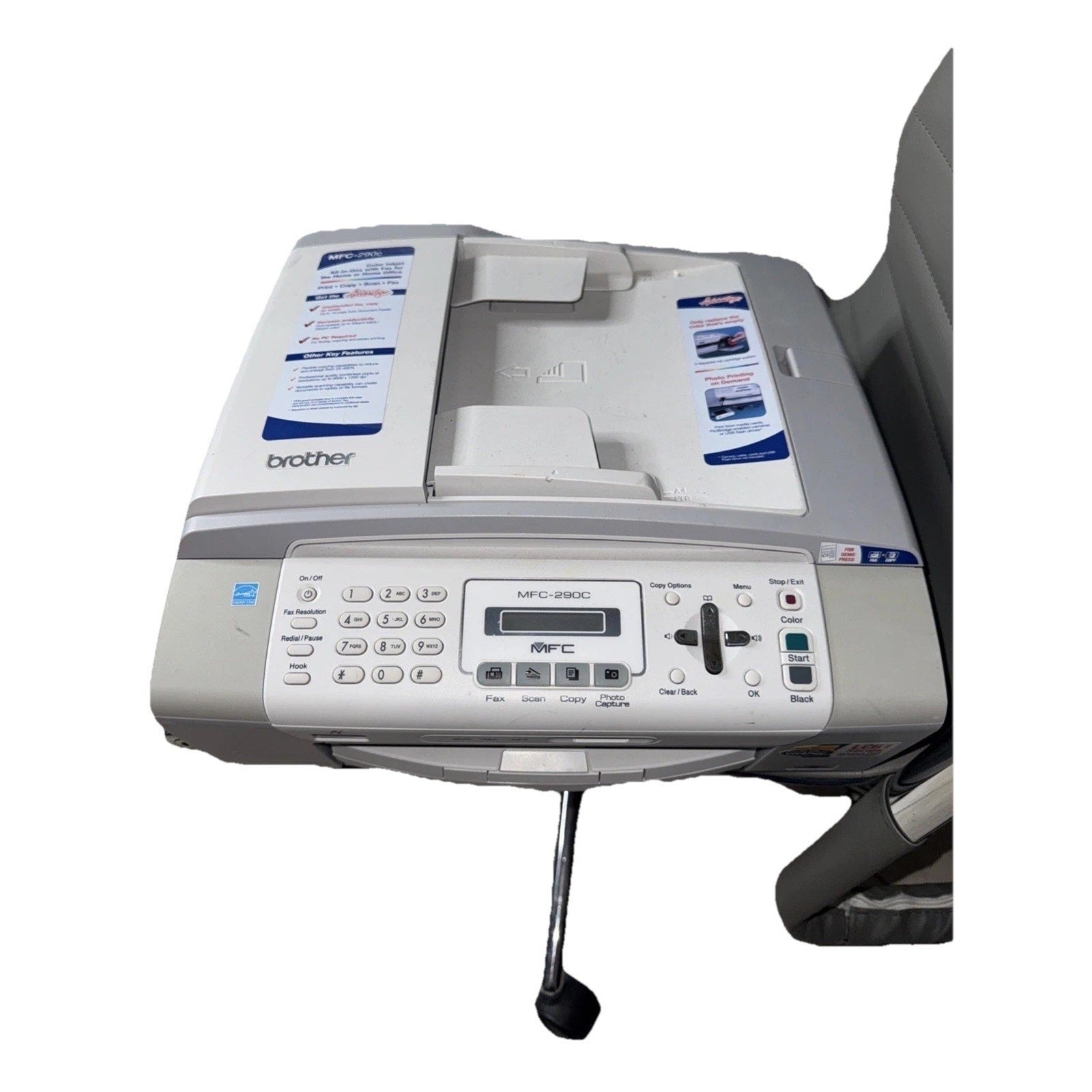 Brother MFC-290C all-in-one inkjet printer with keypad, LCD screen, and document feeder on top side view