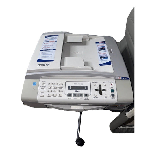 Brother MFC-290C all-in-one inkjet printer with keypad, LCD screen, and document feeder on top side view