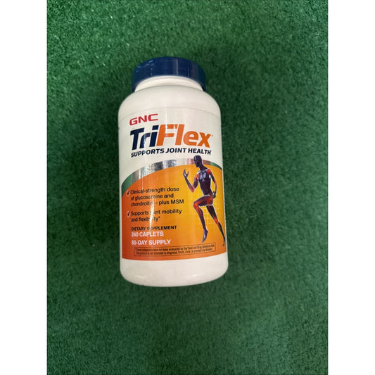 White plastic bottle with a blue cap labeled GNC TriFlex dietary supplement for joint health, featuring orange and white branding and an illustration of a person with highlighted joints on a green background.