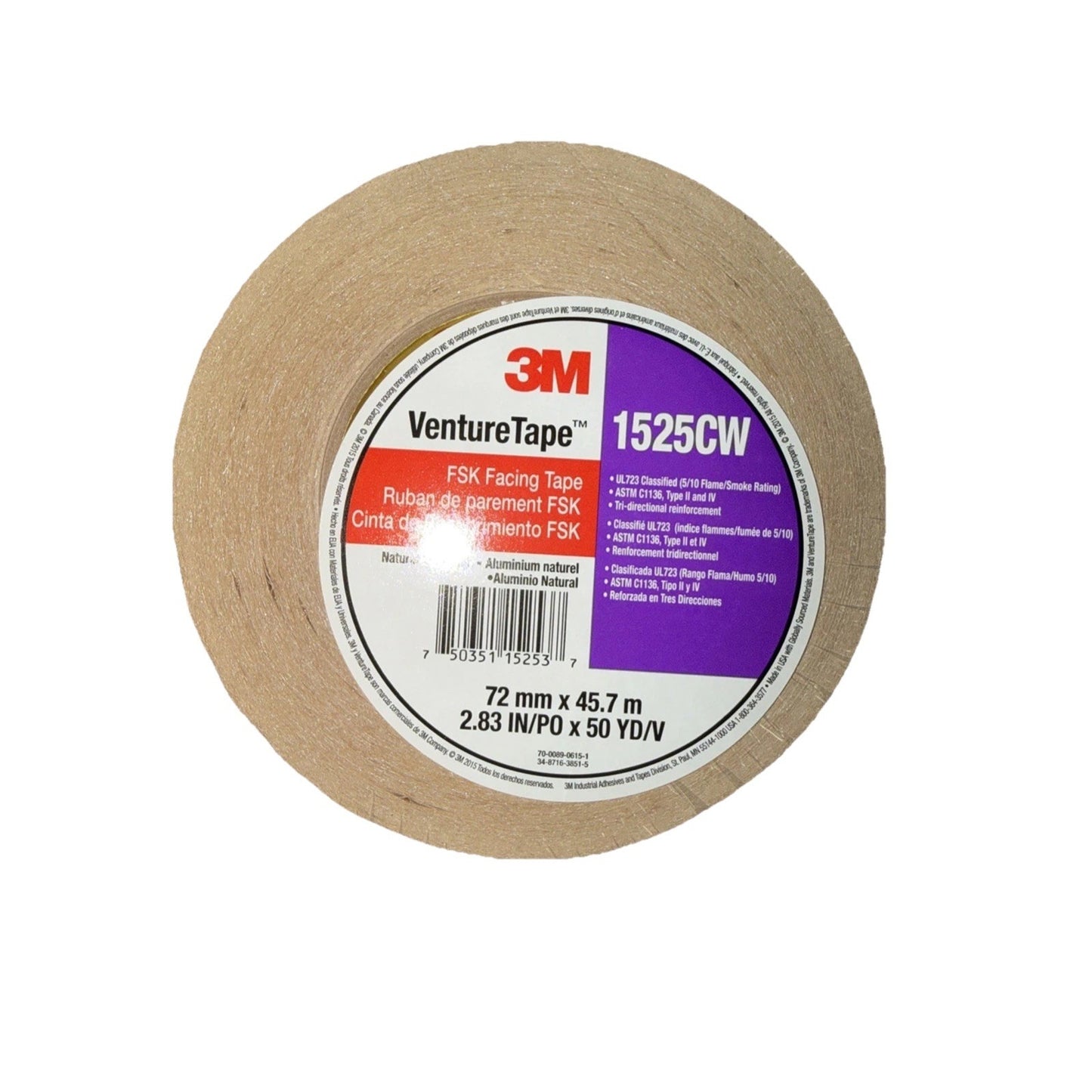 Roll of natural-colored 3M VentureTape FSK Facing Tape with a round label showing product specifications, dimensions, bar code, and multilingual text on a white background.