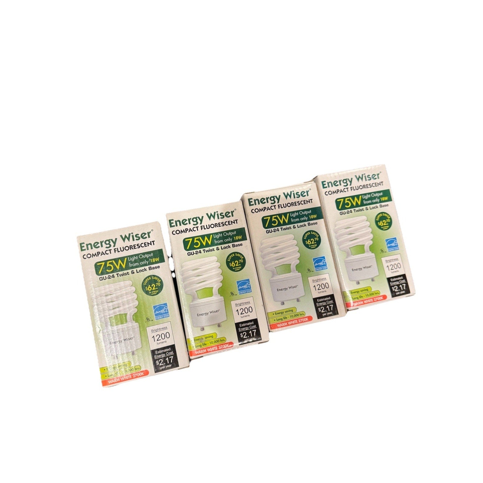 Set of four Energy Wiser 75W equivalent GU24 base compact fluorescent bulbs with 18W and warm white 2700K light