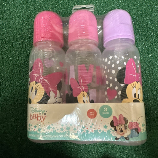 Disney baby Minnie Mouse 3 pack 9oz bottles with pink and purple caps and heart and polka dot designs