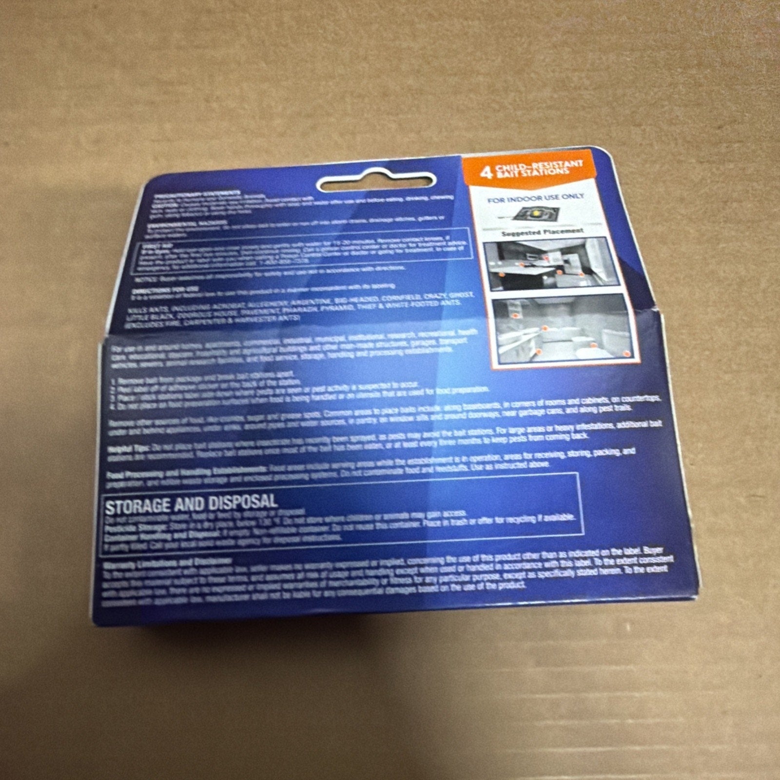 Back of a product box with detailed text instructions, warnings, storage and disposal information, and two images illustrating proper indoor placement of the product.