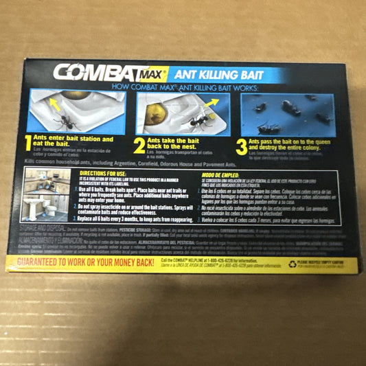 Combat Max Source Ant Killing Bait box showing instructions for use and how ant bait works with six bait stations