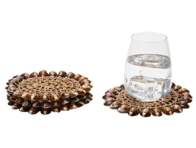 Bondi, Natural Cowrie Shell/Brown Pandan Leaf Round Coasters, Set Of 4, Home Decor