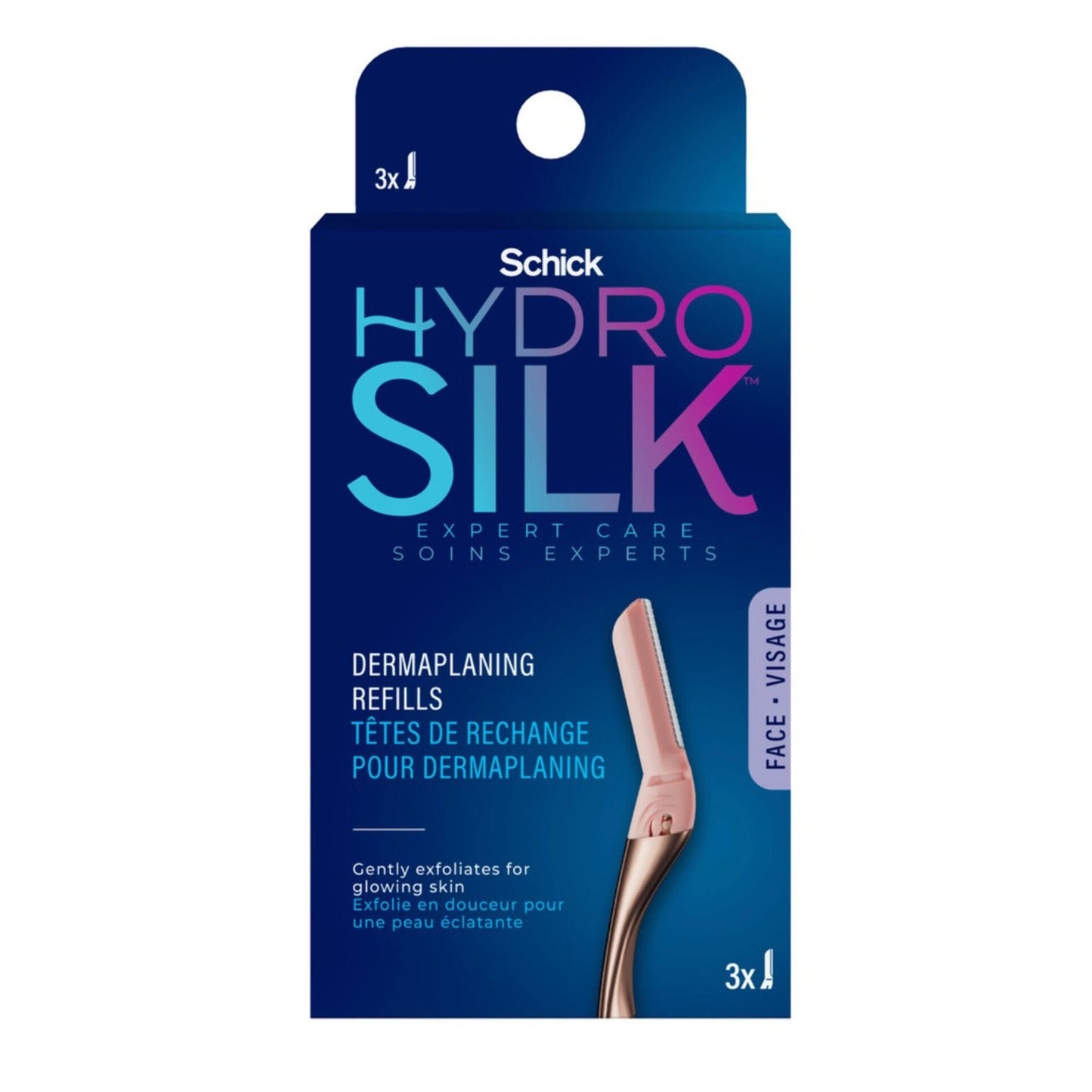 Package of three Schick Hydro Silk dermaplaning refill blades for face exfoliation, displayed on a dark blue background with product branding and a pink-handled tool image.