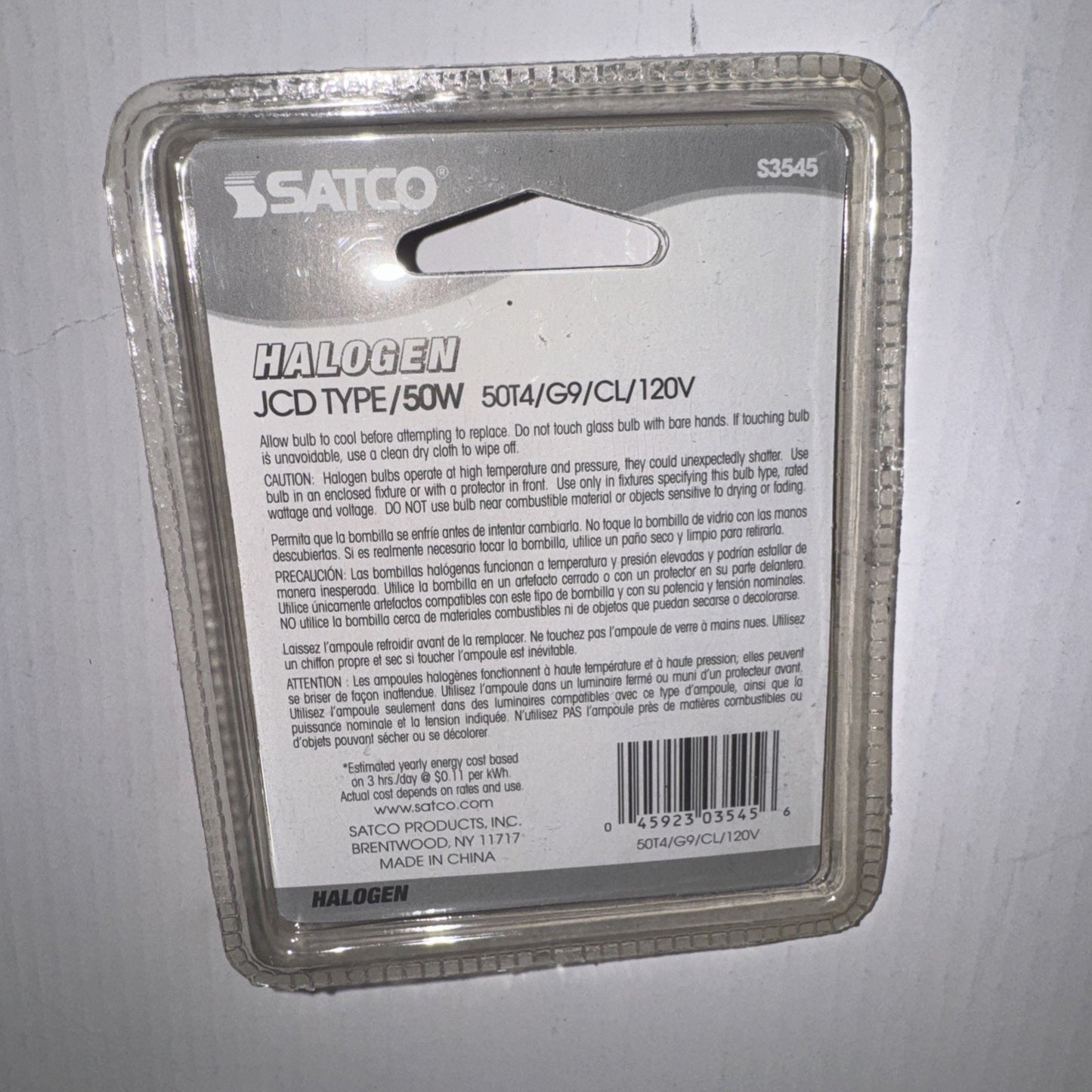 Satco S3545 halogen JCD type 50 watt T4 G9 base clear light bulb 120V in sealed plastic retail packaging