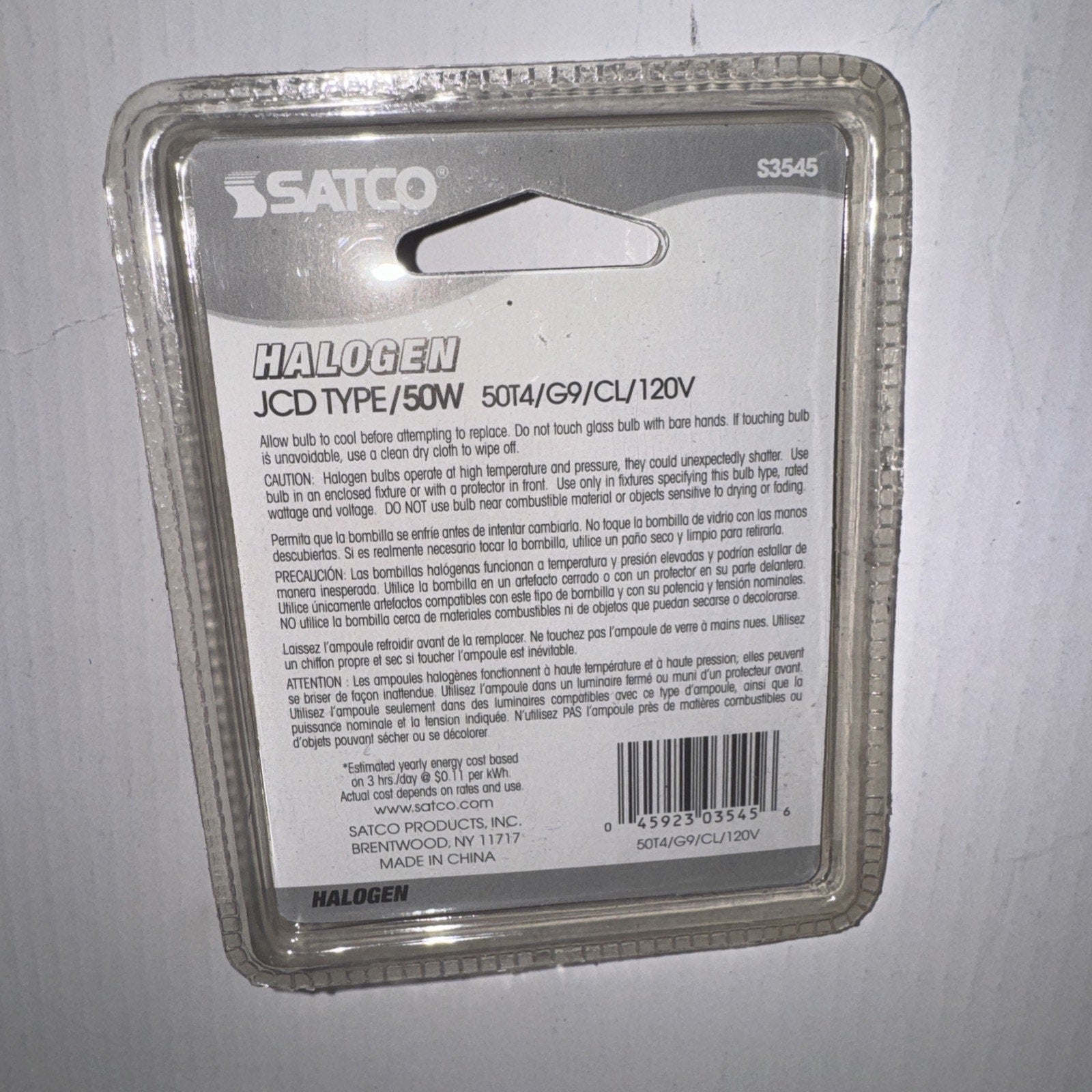Satco S3545 halogen JCD type 50 watt T4 G9 base clear light bulb 120V in sealed plastic retail packaging