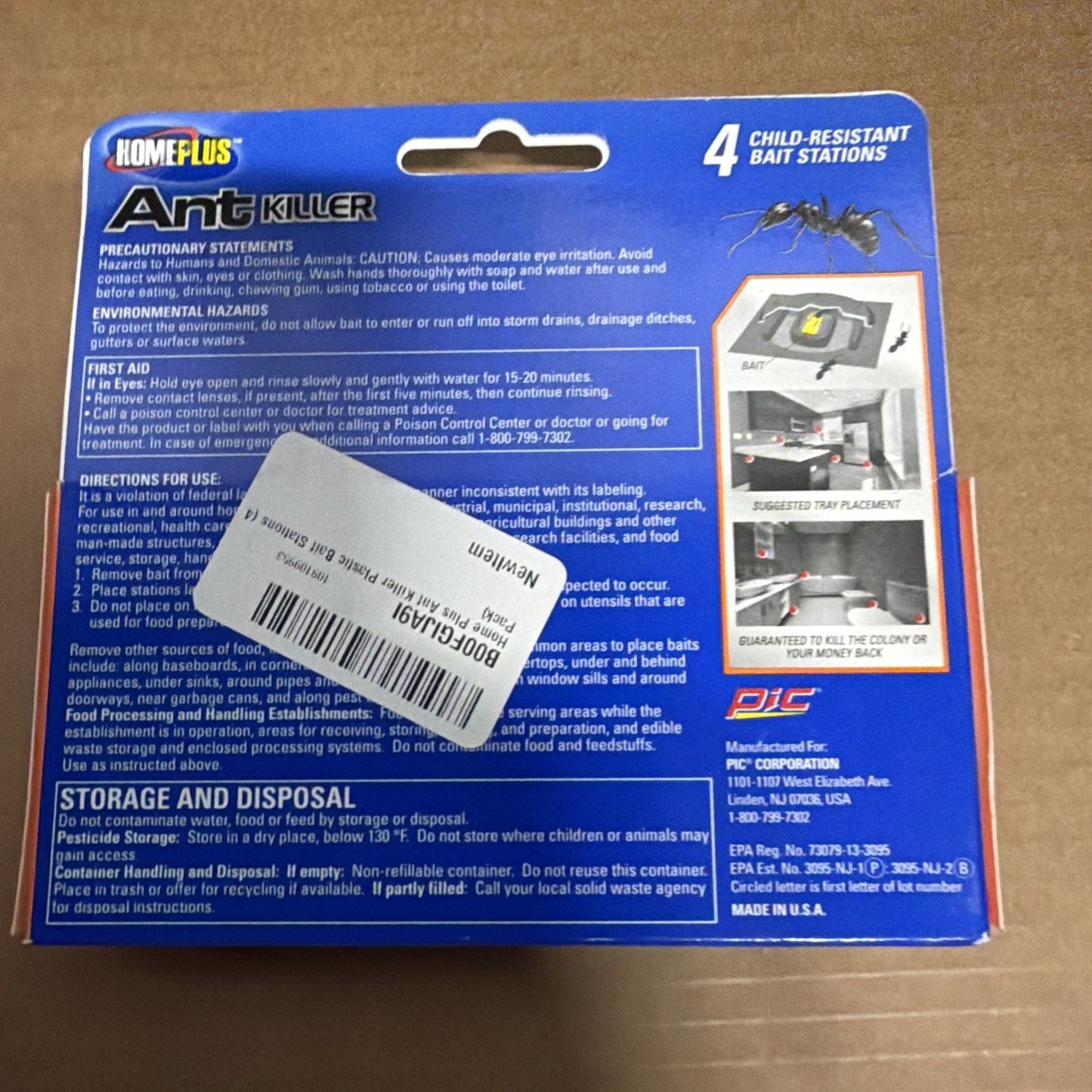 Back of a HOMEPLUS ant killer box showing precautionary statements, detailed first aid instructions, directions for use, storage advice, and two photos demonstrating bait station placement and effectiveness.
